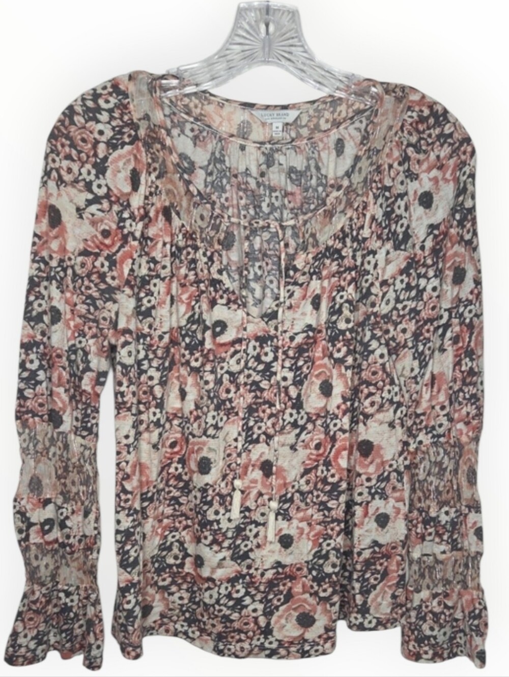 Lucky Brand Floral Tie-Neck Peasant Blouse in Blush and Cream